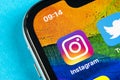 Instagram application icon on Apple iPhone X smartphone screen close-up. Instagram app icon. Social media icon. Social network Royalty Free Stock Photo