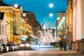 Helsinki, Finland. Night Evening Christmas Xmas New Year Festive Illumination On Aleksanterinkatu Street. Beautiful Royalty Free Stock Photo