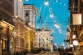 Helsinki, Finland. Night Evening Christmas Xmas New Year Festive Illumination On Aleksanterinkatu Street. Beautiful Royalty Free Stock Photo