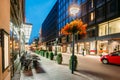 Helsinki, Finland. Night Evening View Of Kluuvikatu Street In Helsinki. Street In Night