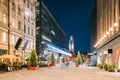 Helsinki, Finland. Night View Of Keskuskatu Street In Evening Christmas New Year Xmas Festive Illumination. Shopping