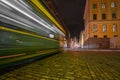 Helsinki, Finland November 22, 2020 Senate Square. Blurred public transport traffic, tram in the city center at night