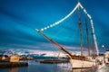 Helsinki, Finland. Old Wooden Sailing Vessel Ship Schooner Is Moored To The City Pier, Jetty. Unusual Cafe Restaurant In Royalty Free Stock Photo