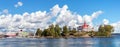 Helsinki/Finland-09-16-2018: Panorama Helsinki south harbour, view of the Luoto island and ferry boats in Helsinki, Finland
