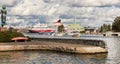 Helsinki/Finland-09-16-2018: Panorama Helsinki, south harbour and ferry boat in Helsinki, Finland