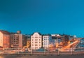 Helsinki, Finland. Panoramic View Of Pohjoisranta Street In Evening Night Illuminations