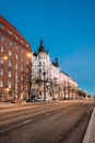 Helsinki, Finland. Pohjoisranta Street In Night Illumination