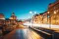 Helsinki, Finland. Pohjoisranta Street And View Of Uspenski Cathedral In Evening Night Illuminations