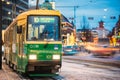 Helsinki, Finland. Public Tram With The Number Of The 10 Route Departs From A Stop On Mannerheim Avenue In Helsinki.