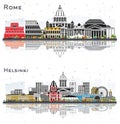 Helsinki Finland and Rome Italy city skyline set with color buildings and reflections isolated on white. Business travel concept