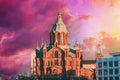 Helsinki, Finland. Uspenski Cathedral At Morning. Red Church Is Popular Tourist Destination In Finnish Capital. Sunrise Royalty Free Stock Photo