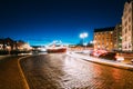 Helsinki, Finland. View Of Pohjoisranta Street In Evening Or Night