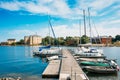 Helsinki Finland. Wooden Sea Pier Jetty With Moored Boats, Yacht Royalty Free Stock Photo