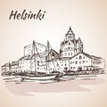 Helsinki - harbor, waterfront. Sketch. Royalty Free Stock Photo