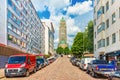 Helsinki - June 2019, Finland: View of the Kallio Church Kallion kirkko and a street with parked cars