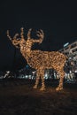 17.12.2021 - Helsinki. A sturdy artificial reindeer glowing orange to delight young visitors to the Finnish capital during the