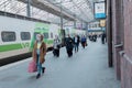 Helsinki, Uusimaa, Finland 2020 October 2, 2020 At the railway station, people at the electric train wearing medical