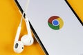 Google Chrome application icon on Apple iPhone X screen close-up. Google Chrome app icon. Google Chrome application. Social media Royalty Free Stock Photo