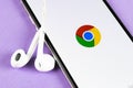 Google Chrome application icon on Apple iPhone X screen close-up. Google Chrome app icon. Google Chrome application. Social media Royalty Free Stock Photo