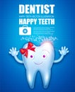 Helthy Tooth. Cartoon Character. Stomatology Design Template with Bow, Bubbles and Shine. Dental Health Concept. Oral