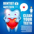 Helthy Tooth. Cartoon Character Stomatology Design Template with Red Glossy Heart Balloon and Speech Bubble. Dental Royalty Free Stock Photo