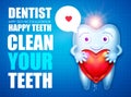 Helthy Tooth. Cartoon Character Stomatology Design Template with Red Glossy Heart Balloon and Speech Bubble. Dental