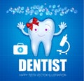 Helthy Tooth with Shining Toothpaste. Cartoon Character. Stomatology Design Template with Bubbles, Bow and Microscope