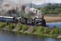 Two old locomotives of L series pull the `Ruskeala Express` tourist retro train