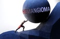 Hemangioma as a problem that makes life harder - symbolized by a person pushing weight with word Hemangioma to show that