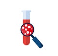 Hematology concept with red blood cell in test tube and magnifying glass, vector illustration in flat style