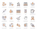 Hematology flat line icons set. Blood cell, vessel, sphygmomanometer, dna test, biochemical microscope vector