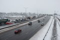 British motorway M1 during snow storm