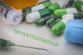 Hemochromatosis, medicines and syringes as concept of ordinary t Royalty Free Stock Photo