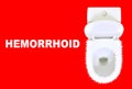 Hemorrhoids problem concept. White ceramic toilet with spikes on a red background and `Hemorrhoid` title.