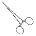 Hemostatic forceps MOSKITO for temporary stop bleeding have a locking lock and working sponge with small notch and a