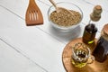 Hemp seed in glass bowl on the table, Cold pressed oil in a glas Royalty Free Stock Photo