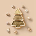 Hemp seeds, flour, kernels in plate shape of Christmas tree. Xmas eco greeting card. Royalty Free Stock Photo