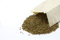 Hemp seeds paperbag on a white background