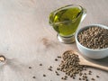 Hemp seeds and hemp oil, copy space