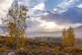 Hemu village in colorful autumn in morning golden light, Xinjiang, China