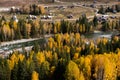 Hemu village in colorful autumn in morning golden light, Xinjiang, China