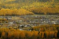 Hemu village in colorful autumn in morning golden light, Xinjiang, China