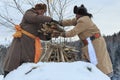 Tuva people, one of the minorities in China, performing a religious rite in Hemu village