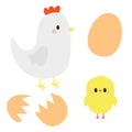 Hen, chicken, broken cracked egg bird icon set. Happy Easter. Cute cartoon funny kawaii baby chick character. Flat design. Royalty Free Stock Photo