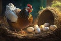 Hen, Chicken eggs and chickens eating food in farm Royalty Free Stock Photo