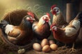 Hen, Chicken eggs and chickens eating food in farm Royalty Free Stock Photo