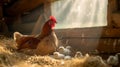 Hen and chicks basking in warm sunlight in a rustic barn. idyllic farm scene, symbolizing motherhood. cozy, peaceful Royalty Free Stock Photo