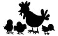 Hen with chicks icon, cock black silhouette. Vector stock illustration, baby chickens Royalty Free Stock Photo