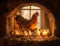 Hen with chicks in rustic stone window sill lit by candles and window Royalty Free Stock Photo