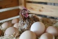 Hen in coop surrounded by eggs, gazing at camera. Royalty Free Stock Photo